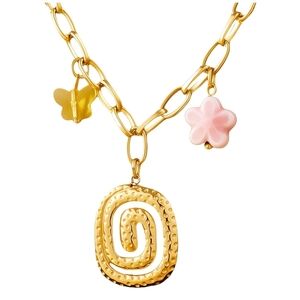 Gold Chain Necklace with Pink and Yellow Charms 18k Gold Plated Waterproof
